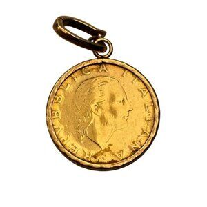 Italian 200 Lira Coin 1980 Sterling Gold Plated Pendant